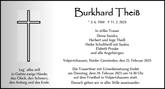Traueranzeige von Burkhard Theiß von Wetzlarer Neue Zeitung