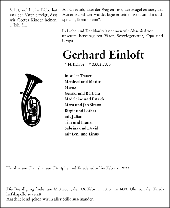 Traueranzeige von Gerhard Einloft von Hinterländer Anzeiger