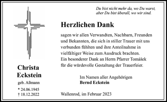 Traueranzeige von Christa Eckstein von OK Oberhessen Kurier