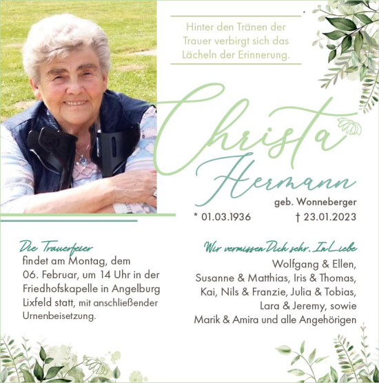 Traueranzeige von Christa Hermann von Hinterländer Anzeiger