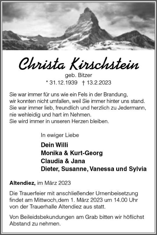 Traueranzeige von Christa Kirschstein von Nassauische Neue Presse