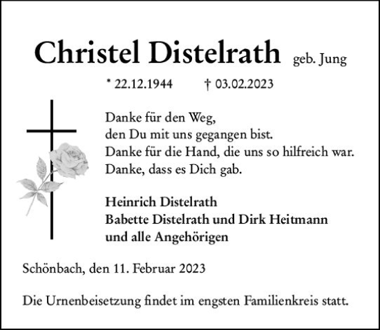 Traueranzeige von Christel Distelrath von Dill Block