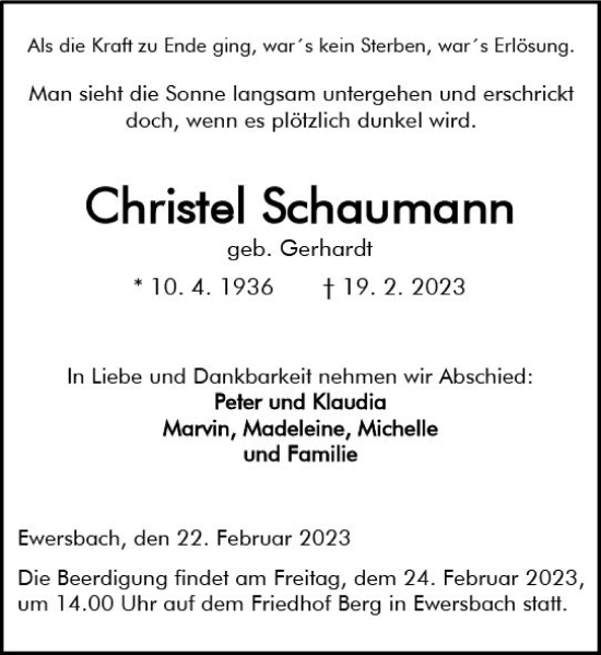 Traueranzeige von Christel Schaumann von Dill Block
