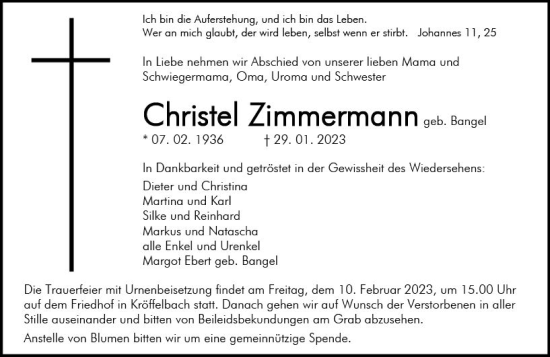 Traueranzeige von Christel Zimmermann von Wetzlarer Neue Zeitung
