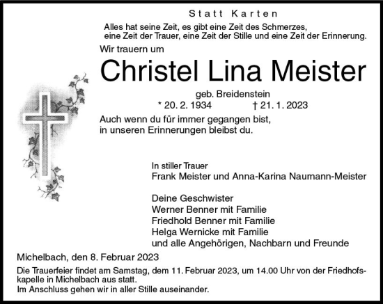 Traueranzeige von Christel Lina Meister von Hinterländer Anzeiger