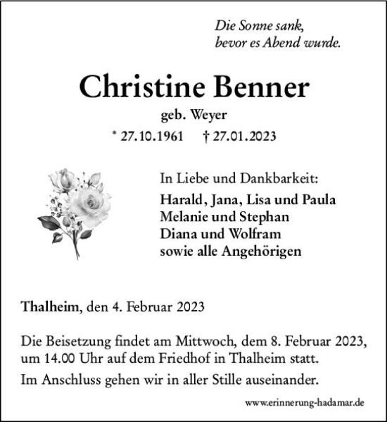 Traueranzeige von Christine Benner von Nassauische Neue Presse