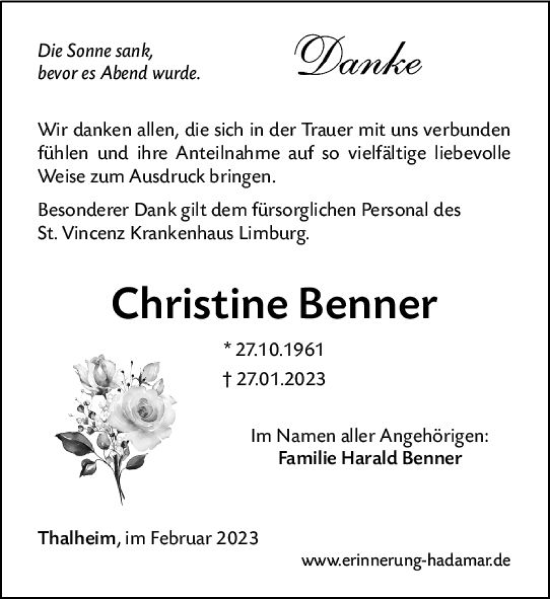 Traueranzeige von Christine Benner von Nassauische Neue Presse