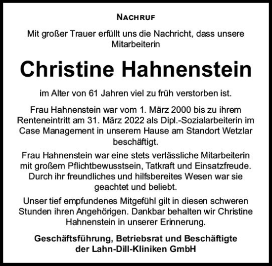 Traueranzeige von Christine Hahnenstein von Wetzlarer Neue Zeitung
