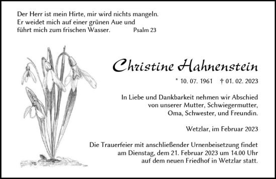 Traueranzeige von Christine Hahnenstein von Wetzlarer Neue Zeitung
