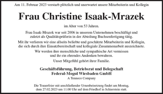 Traueranzeige von Christine Isaak-Mrazek von Wiesbadener Kurier