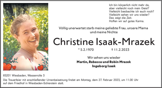Traueranzeige von Christine Isaak-Mrazek von Wiesbadener Kurier