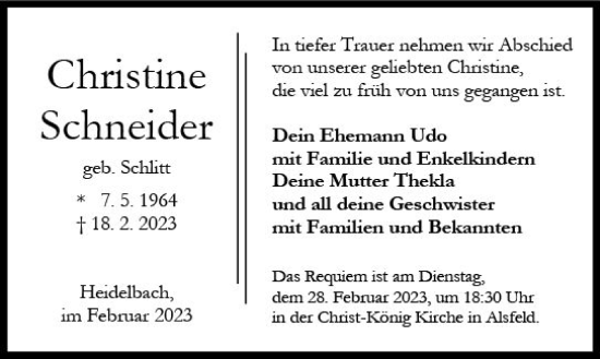 Traueranzeige von Christine Schneider von VRM Trauer