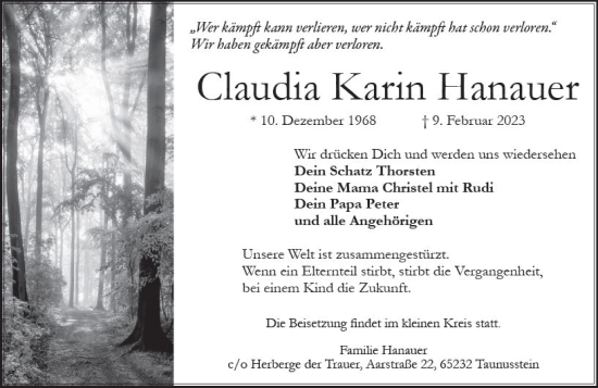 Traueranzeige von Claudia Karin Hanauer von Wiesbadener Kurier