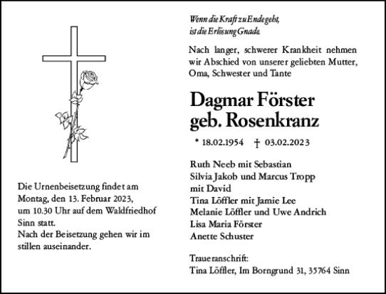 Traueranzeige von Dagmar Förster von Dill Block