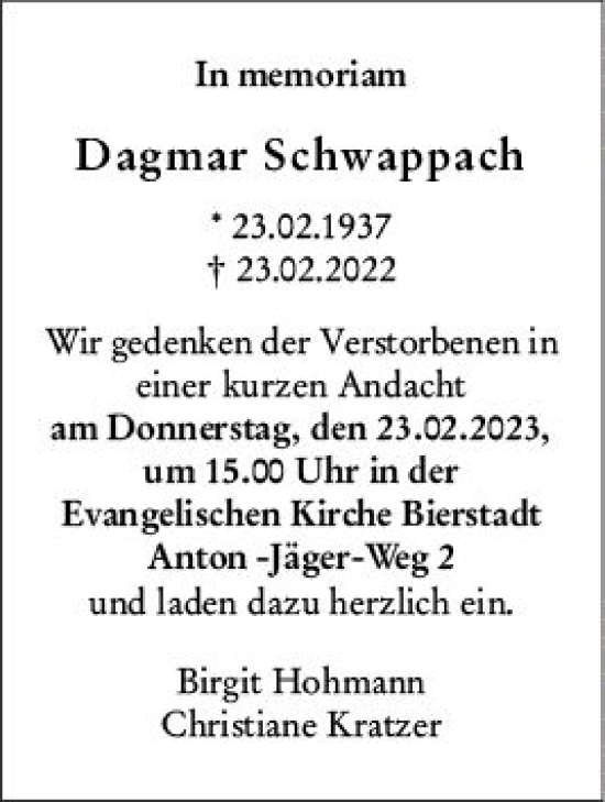Traueranzeige von Dagmar Schwappach von Wiesbadener Kurier