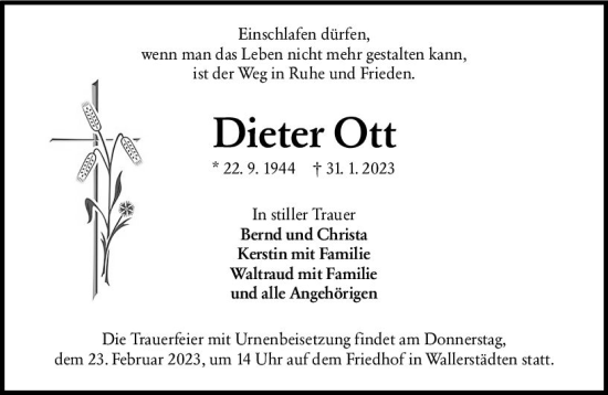 Traueranzeige von Dieter Ott von Groß-Gerauer Echo