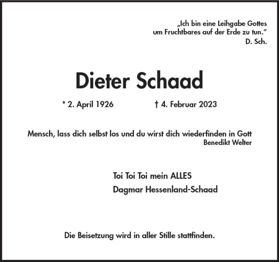 Traueranzeige von Dieter Schaad von Wiesbadener Kurier gesamt