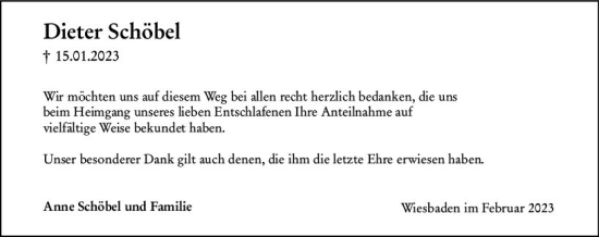 Traueranzeige von Dieter Schöbel von Wiesbadener Kurier
