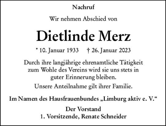 Traueranzeige von Dietlinde Merz von Nassauische Neue Presse
