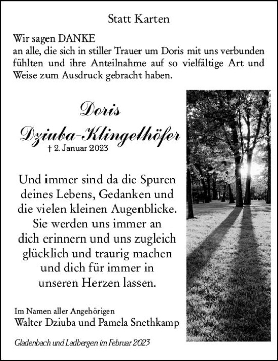 Traueranzeige von Doris Dziuba-Klingelhöfer von Hinterländer Anzeiger