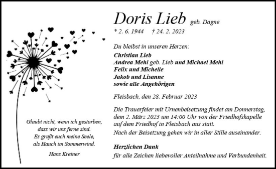 Traueranzeige von Doris Lieb von Dill Block