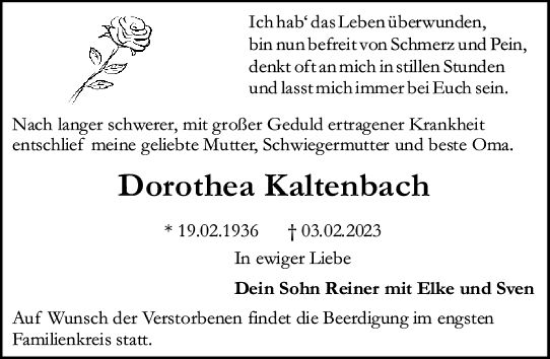 Traueranzeige von Dorothea Kaltenbach von Allgemeine Zeitung Mainz