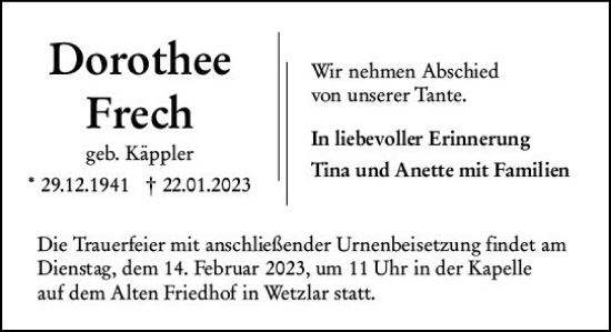 Traueranzeige von Dorothee Frech von Wetzlarer Neue Zeitung