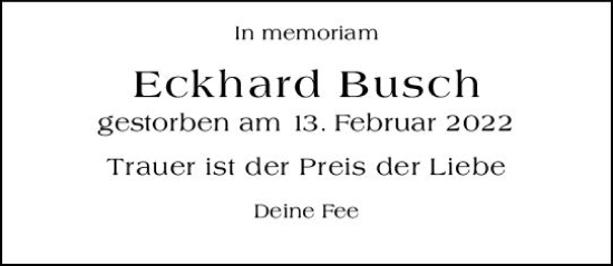 Traueranzeige von Eckhard Busch von Wiesbadener Kurier gesamt