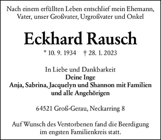 Traueranzeige von Eckhard Rausch von Groß-Gerauer Echo