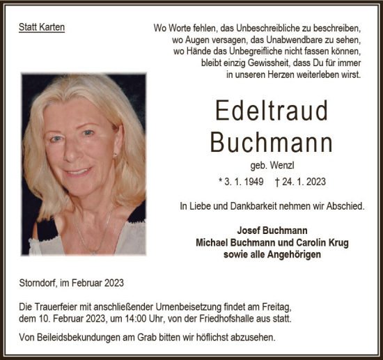 Traueranzeige von Edeltraud Buchmann von OK Oberhessen Kurier
