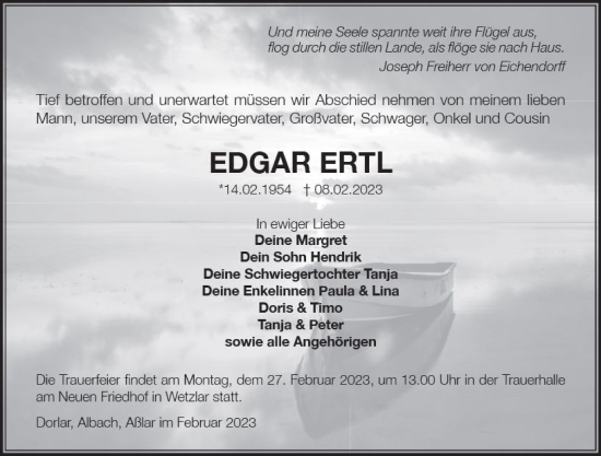 Traueranzeige von Edgar Ertl von Wetzlarer Neue Zeitung
