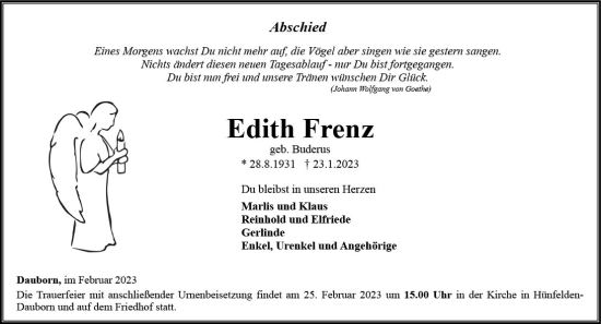 Traueranzeige von Edith Frenz von Camberger Anzeiger