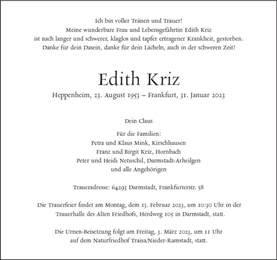 Traueranzeige von Edith Kriz von Bergsträßer Anzeiger