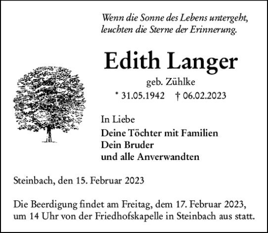 Traueranzeige von Edith Langer von Dill Block