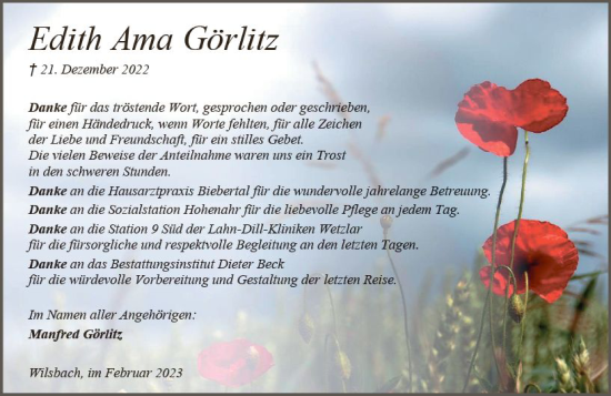 Traueranzeige von Edith Ama Görlitz von Wetzlarer Neue Zeitung