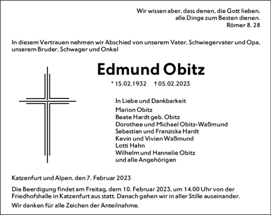 Traueranzeige von Edmund Obitz von Wetzlarer Neue Zeitung