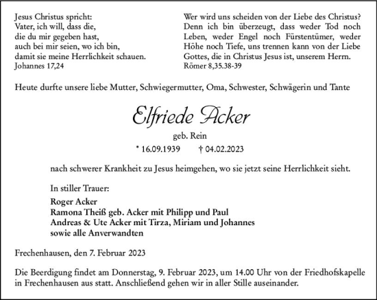 Traueranzeige von Elfriede Acker von Hinterländer Anzeiger