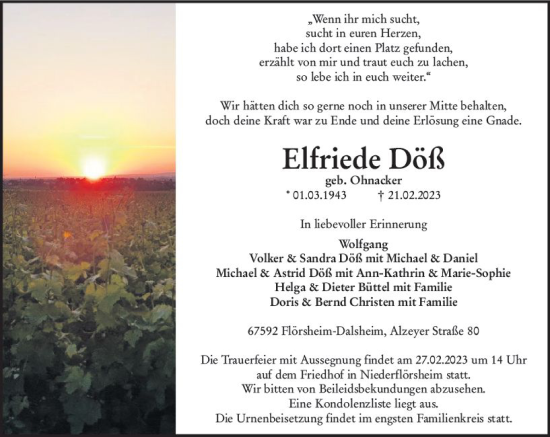 Traueranzeige von Elfriede Döß von Wormser Zeitung