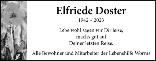 Traueranzeige von Elfriede Doster von Wormser Zeitung