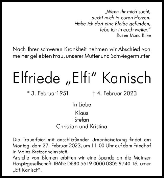 Traueranzeige von Elfriede Kanisch von Allgemeine Zeitung Mainz