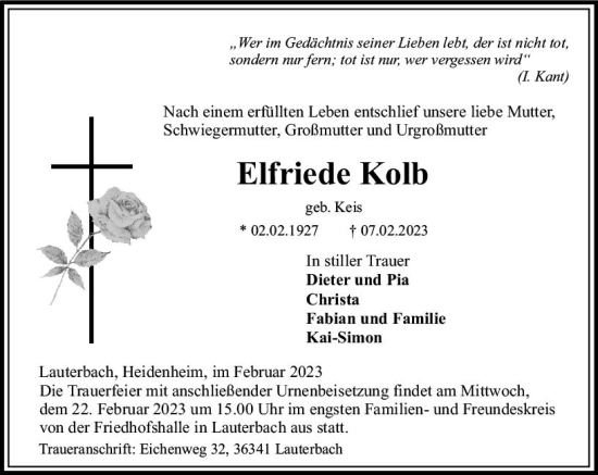 Traueranzeige von Elfriede Kolb von VRM Trauer