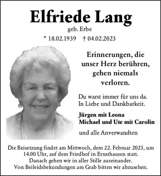 Traueranzeige von Elfriede Lang von Weilburger Tageblatt
