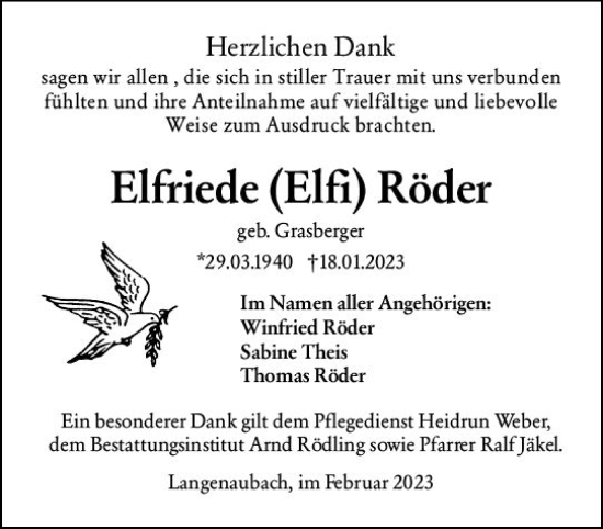 Traueranzeige von Elfriede Röder von Dill Block