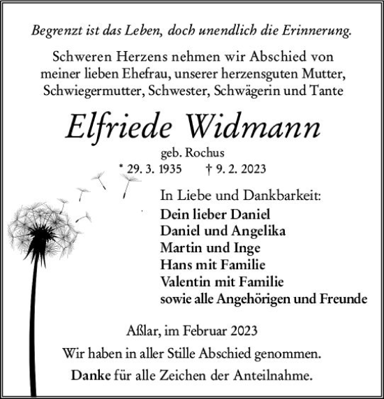 Traueranzeige von Elfriede Widmann von Wetzlarer Neue Zeitung