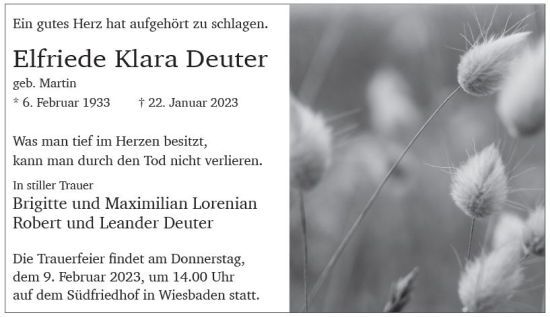 Traueranzeige von Elfriede Klara Deuter von Wiesbadener Kurier gesamt