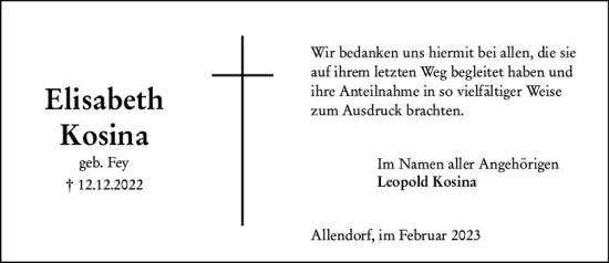 Traueranzeige von Elisabeth Kosina von Hinterländer Anzeiger