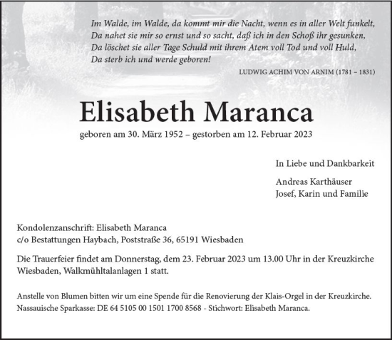 Traueranzeige von Elisabeth Maranca von Wiesbadener Kurier