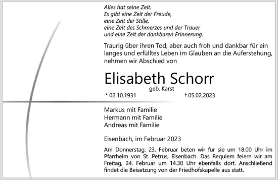 Traueranzeige von Elisabeth Schorr von Camberger Anzeiger