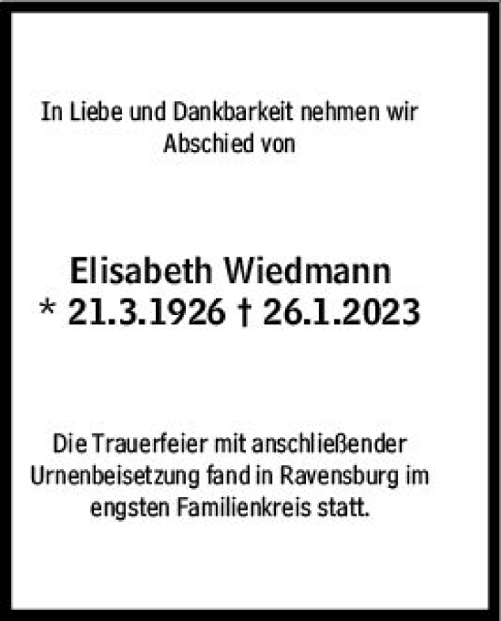 Traueranzeige von Elisabeth Wiedmann von Wiesbadener Kurier gesamt