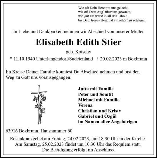 Traueranzeige von Elisabeth Edith Stier von Odenwälder Echo